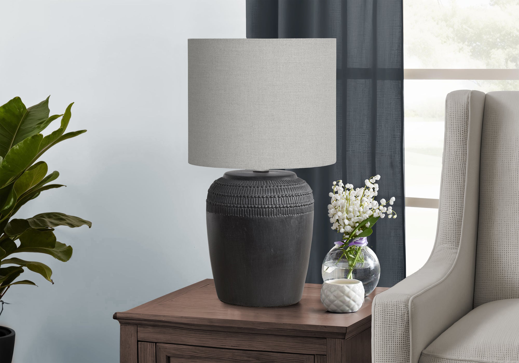 Mendel - Lighting 17"H Table Lamp Black Ceramic Grey Shade Contemporary