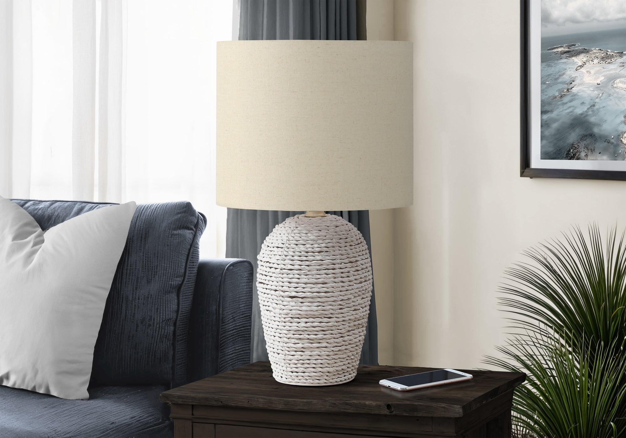 Bandung - Lighting 17"H Table Lamp White Rattan Beige Shade Transitional