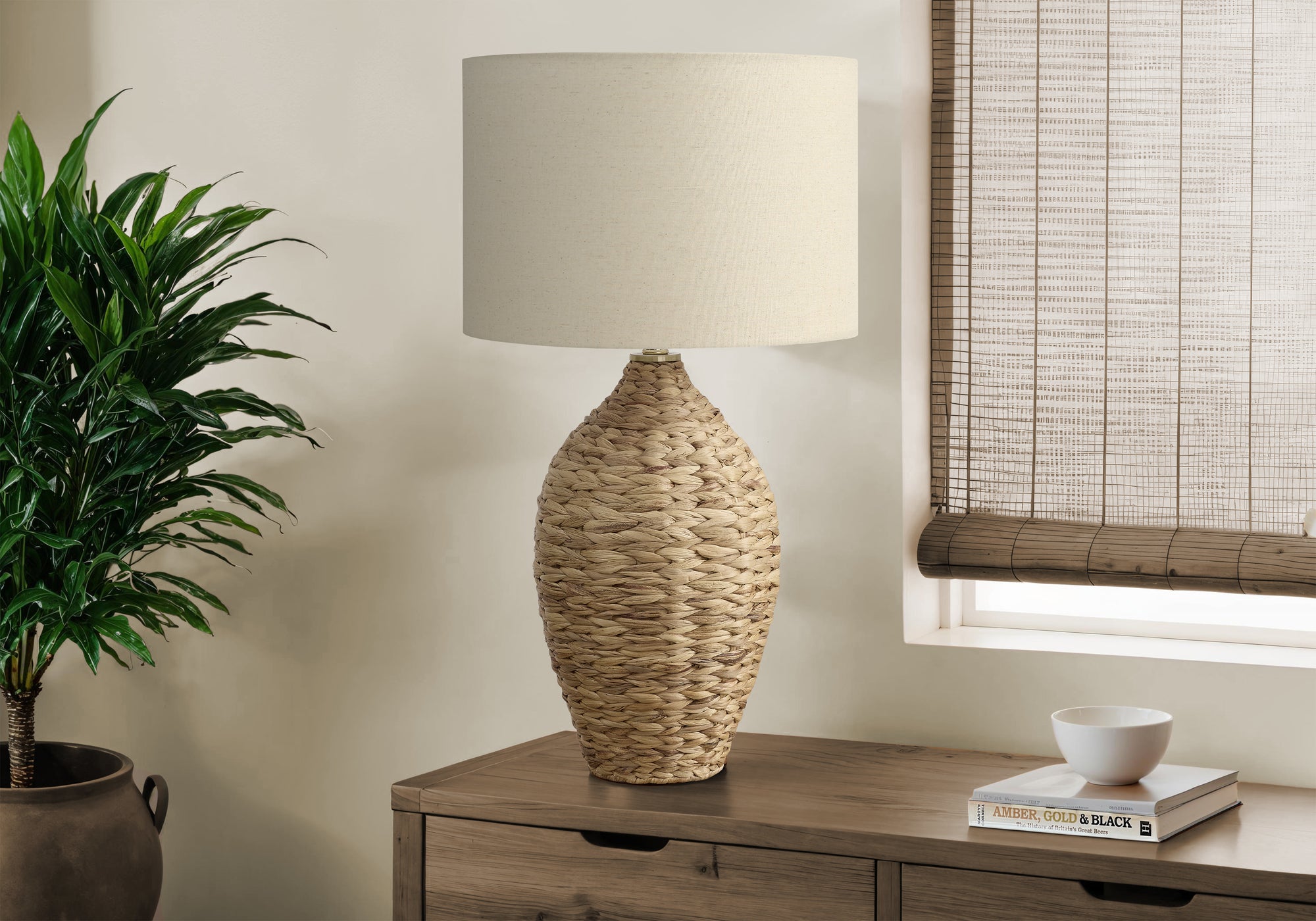 Benton - Lighting 30"H Natural Rattan Beige Shade Transitional