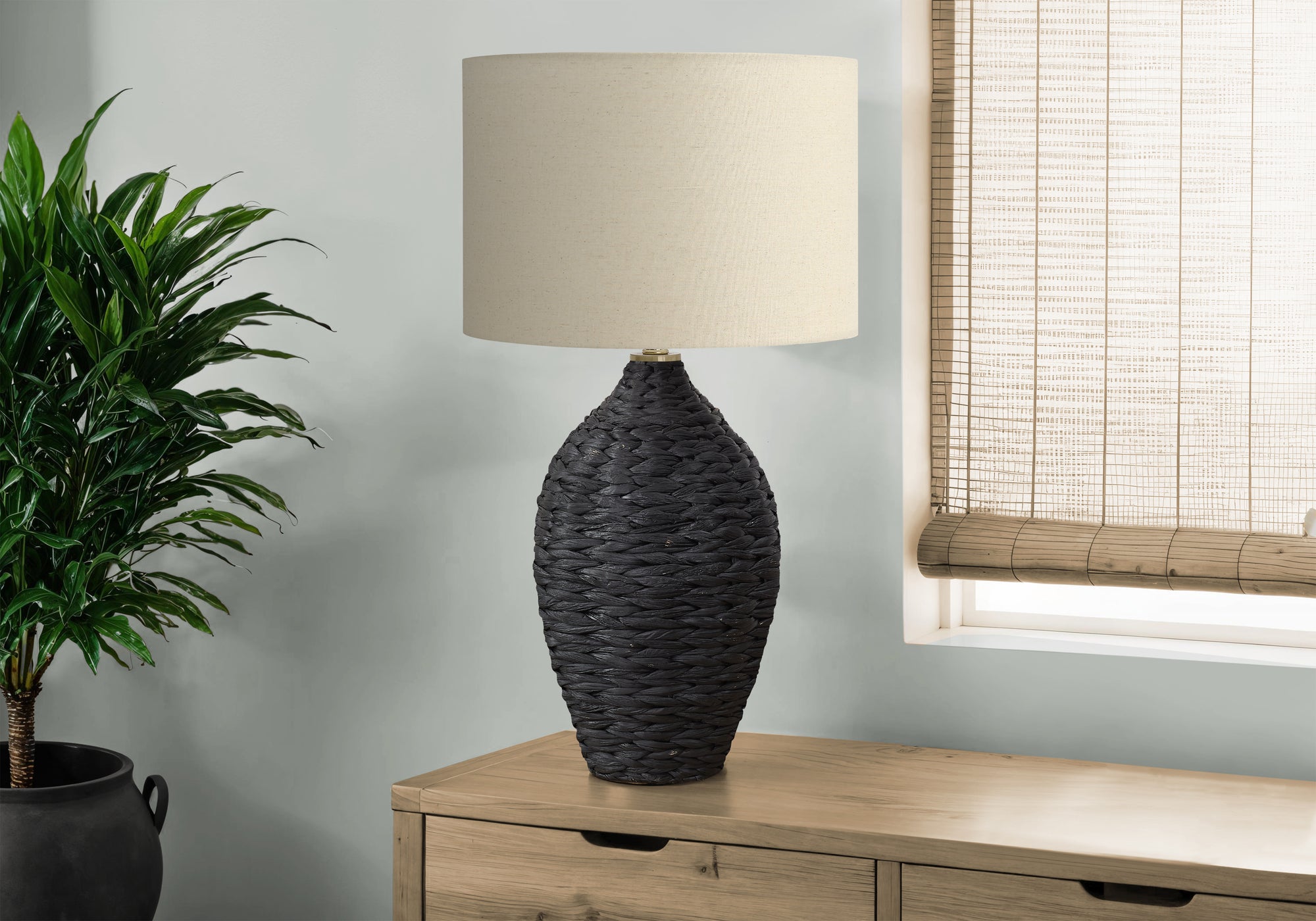 Jacey - Lighting 30"H Black Rattan Beige Shade Transitional