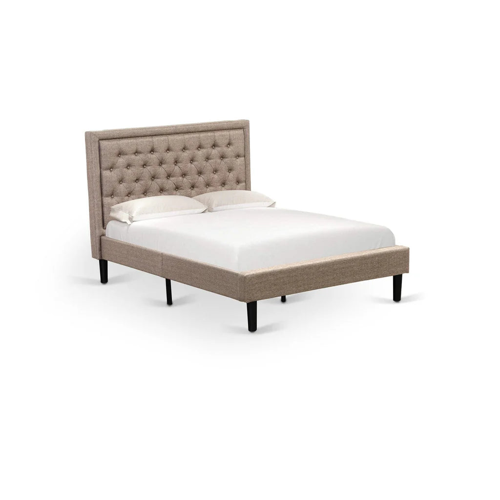 Platform Full Size Bed - Dark Khaki Linen Fabric Upholestered Bed Headboard with Button Tufted Trim Design - Black Legs