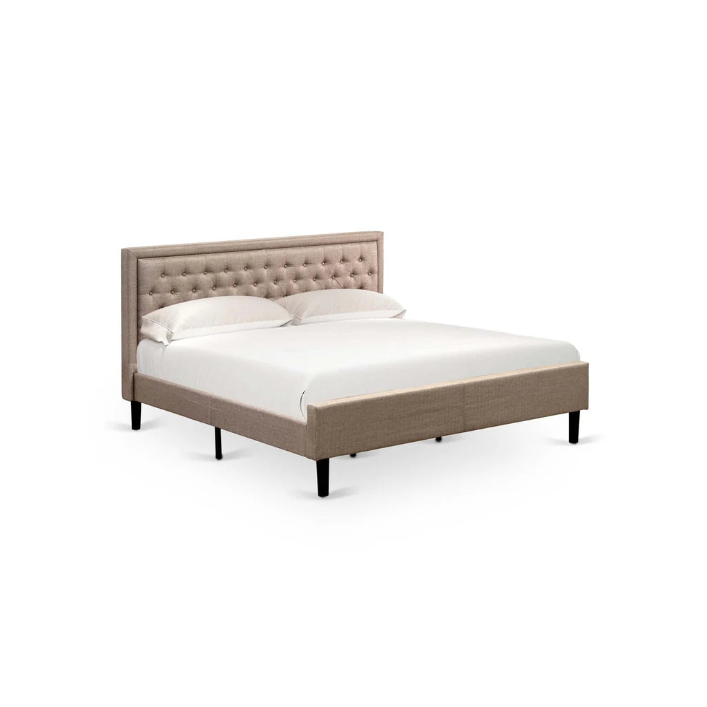 Platform King Size Bed - Dark Khaki Linen Fabric Upholestered Bed Headboard with Button Tufted Trim Design - Black Legs