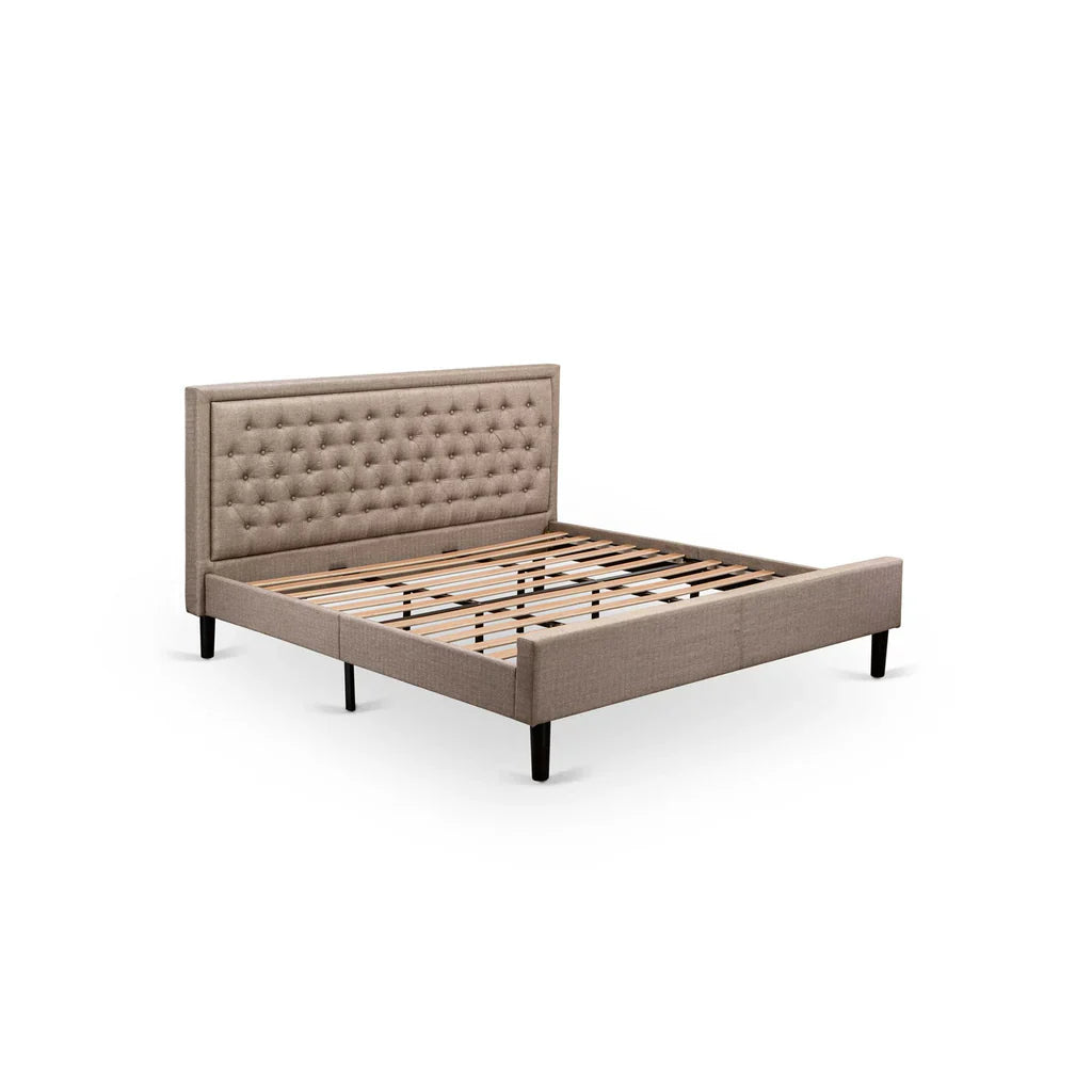 Aimi KhakiLux King Linen Fabric Platform Bed  Dark Khaki Upholstery, Tufted Headboard, Black Legs