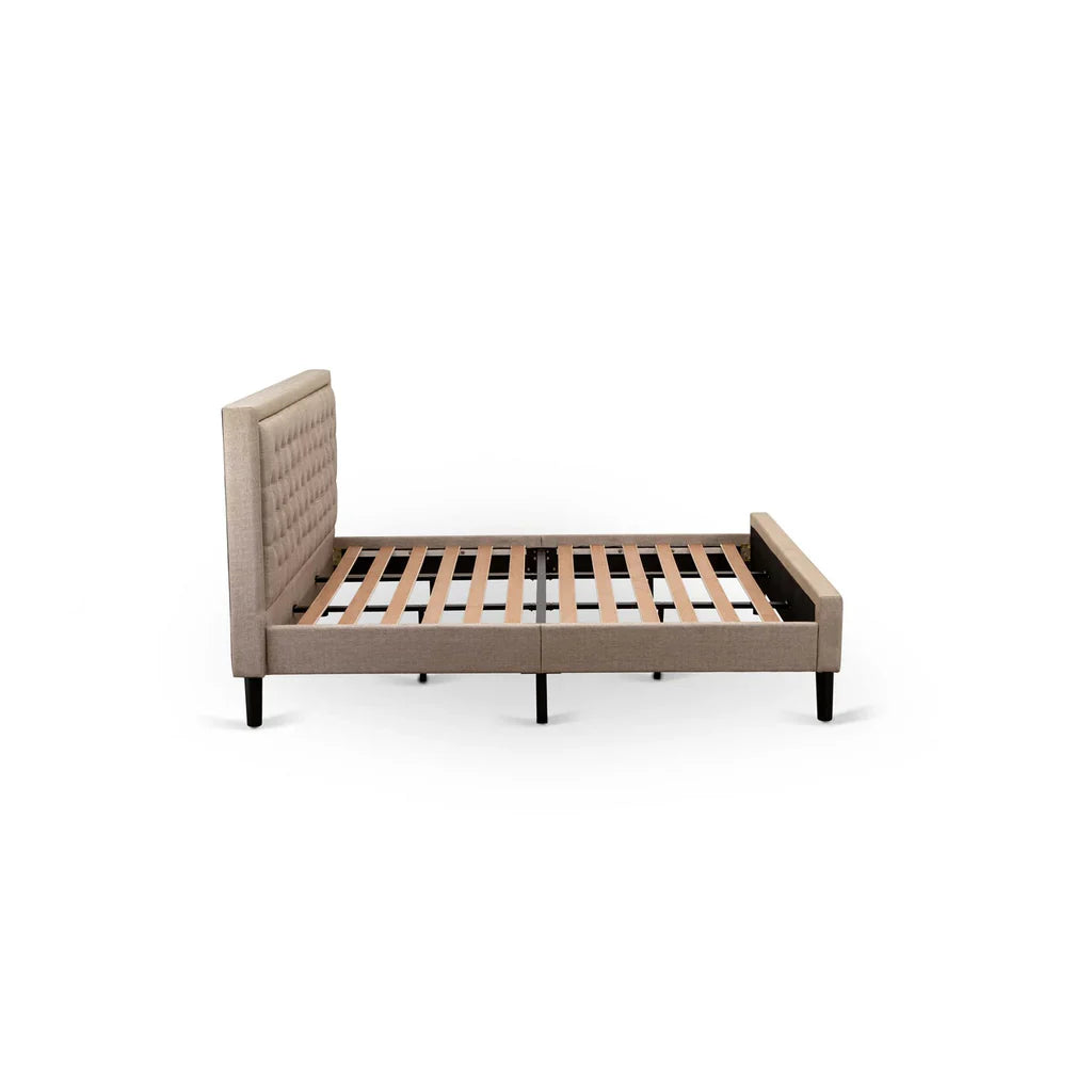 Aimi KhakiLux King Linen Fabric Platform Bed  Dark Khaki Upholstery, Tufted Headboard, Black Legs