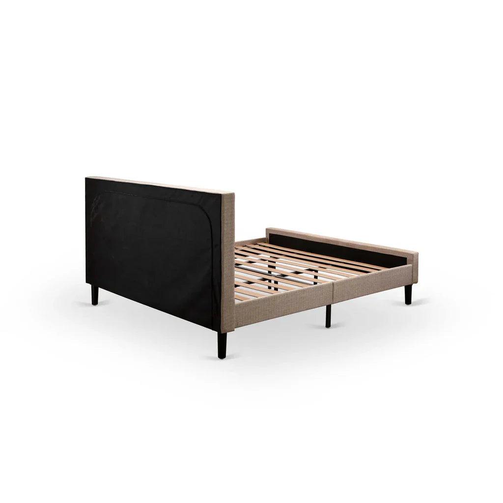 Aimi KhakiLux King Linen Fabric Platform Bed  Dark Khaki Upholstery, Tufted Headboard, Black Legs