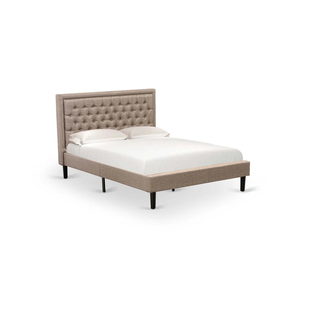 Platform Queen Size Bed - Dark Khaki Linen Fabric Upholestered Bed Headboard with Button Tufted Trim Design - Black Legs