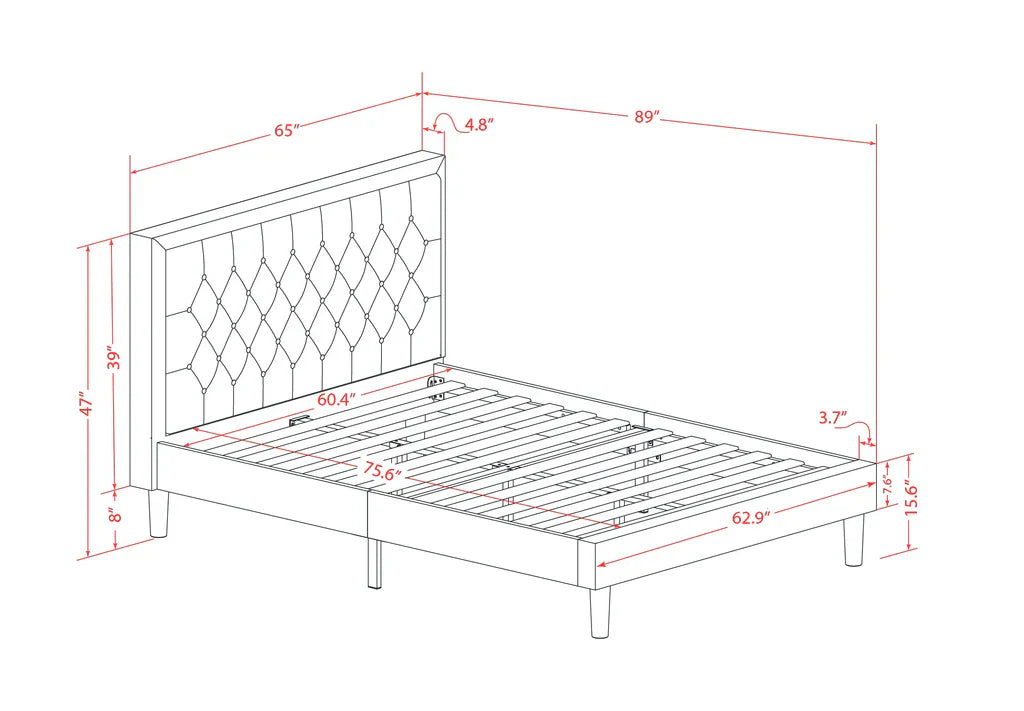 East West Collection Queen Dark Khaki Linen Fabric Upholstered Bed  Modern Platform Style with Button Tufted Headboard