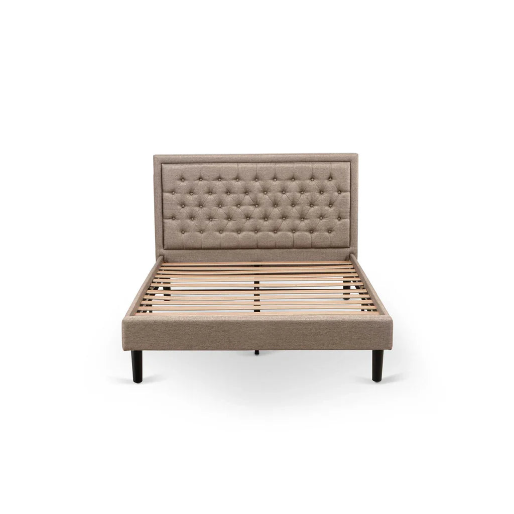 East West Collection Queen Dark Khaki Linen Fabric Upholstered Bed  Modern Platform Style with Button Tufted Headboard