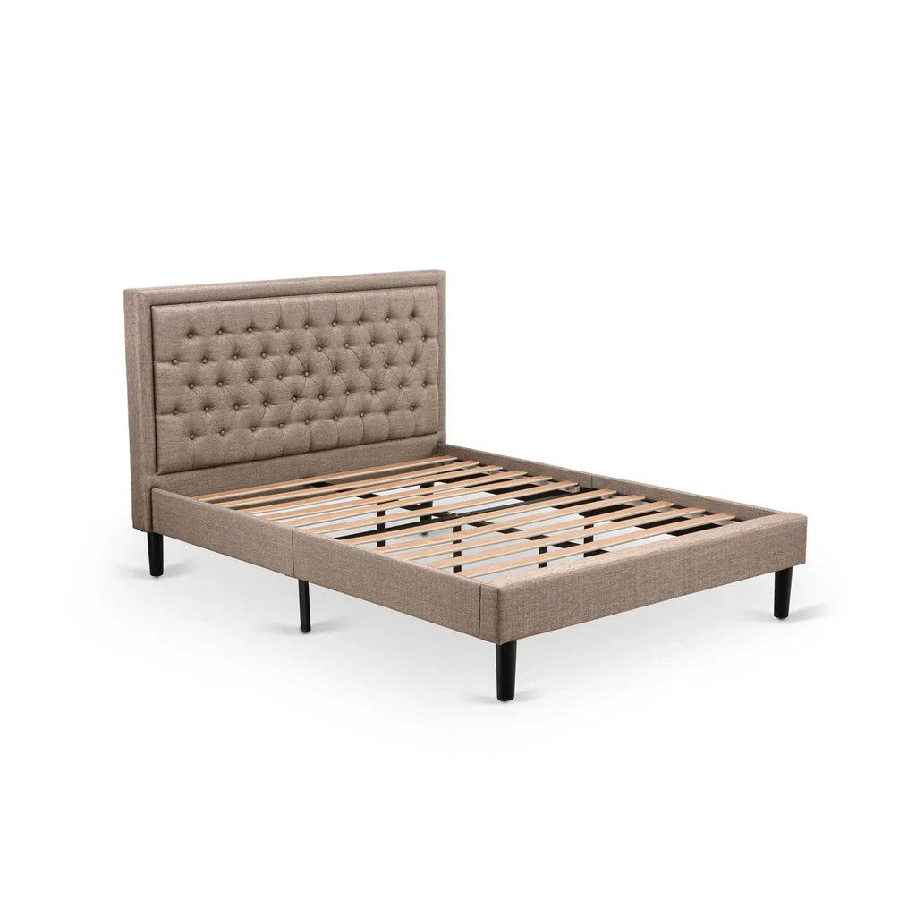 East West Collection Queen Dark Khaki Linen Fabric Upholstered Bed  Modern Platform Style with Button Tufted Headboard