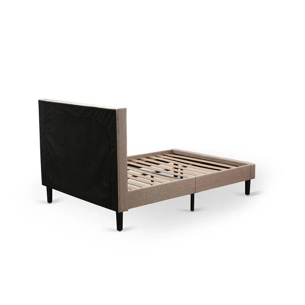 East West Collection Queen Dark Khaki Linen Fabric Upholstered Bed  Modern Platform Style with Button Tufted Headboard