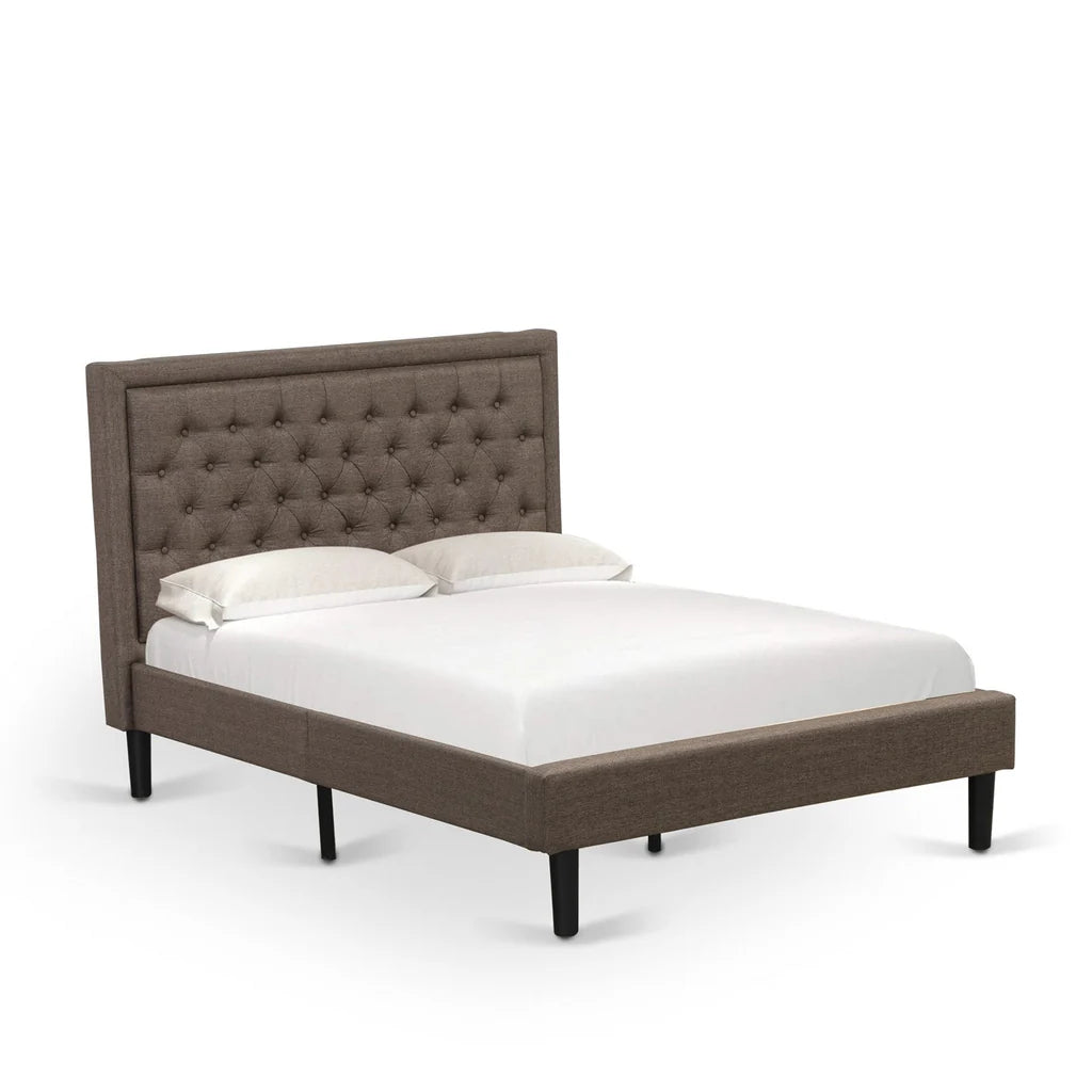 Platform Full Bed Frame - Brown Linen Fabric Upholestered Bed Headboard with Button Tufted Trim Design - Black Legs