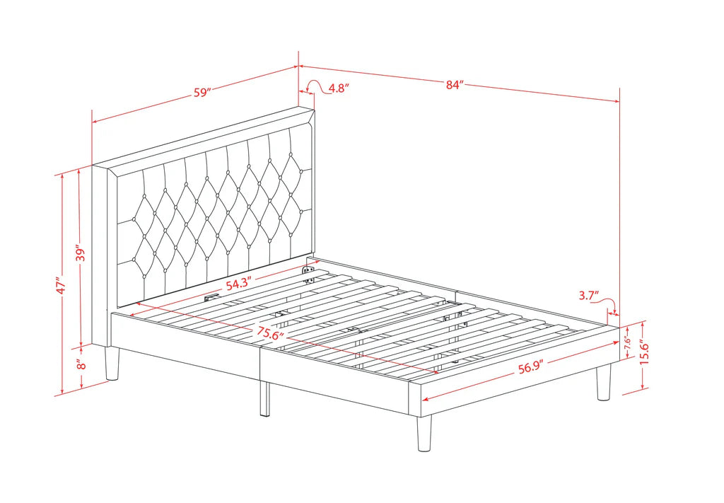 Platform Full Bed Frame - Brown Linen Fabric Upholestered Bed Headboard with Button Tufted Trim Design - Black Legs