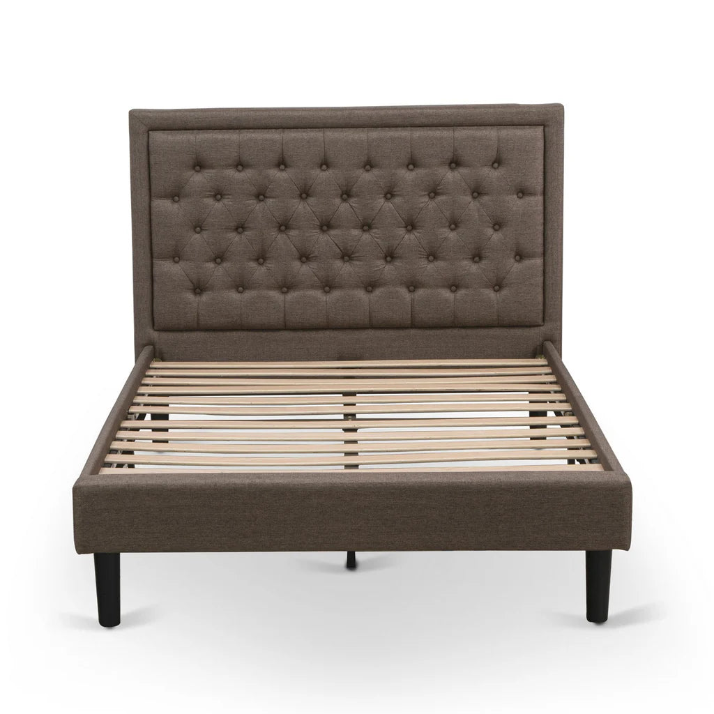 Platform Full Bed Frame - Brown Linen Fabric Upholestered Bed Headboard with Button Tufted Trim Design - Black Legs