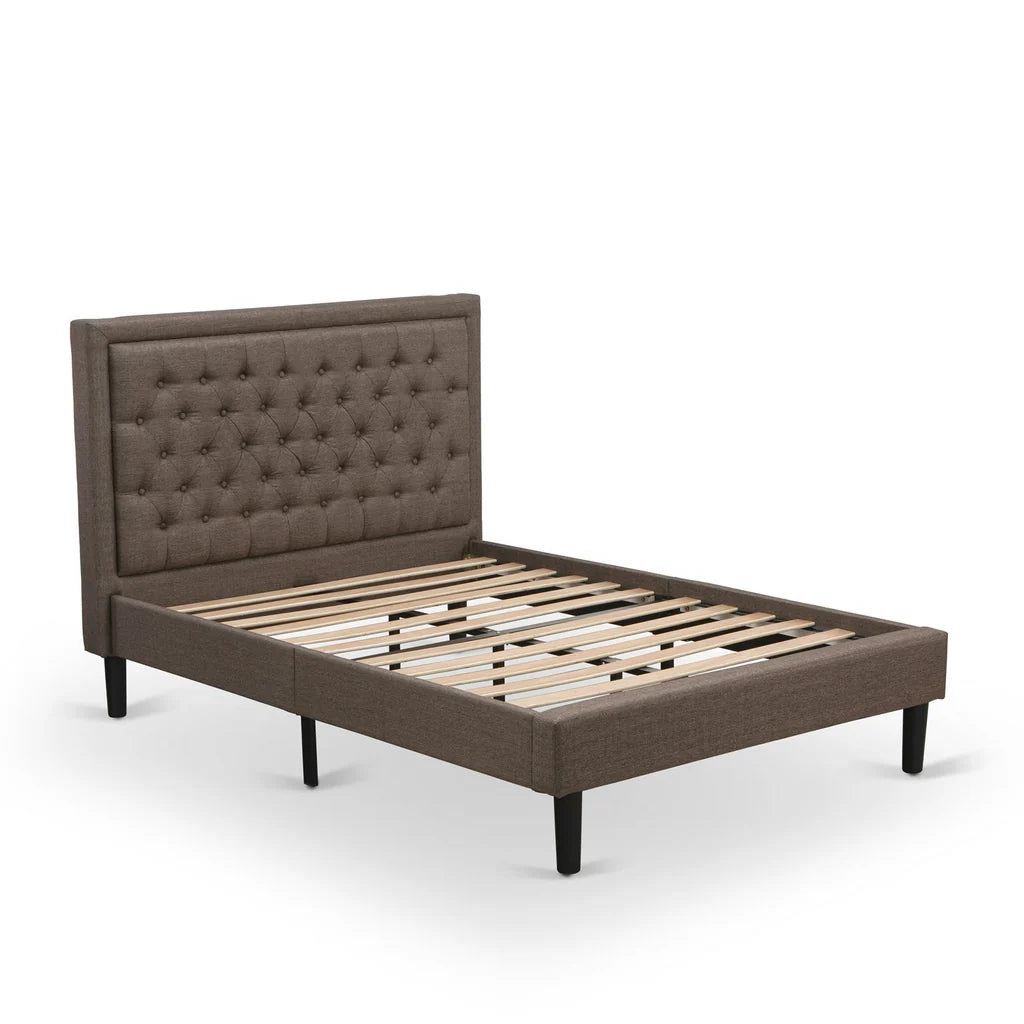 Platform Full Bed Frame - Brown Linen Fabric Upholestered Bed Headboard with Button Tufted Trim Design - Black Legs