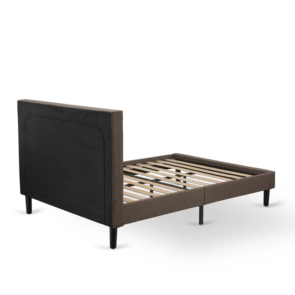 Platform Full Bed Frame - Brown Linen Fabric Upholestered Bed Headboard with Button Tufted Trim Design - Black Legs