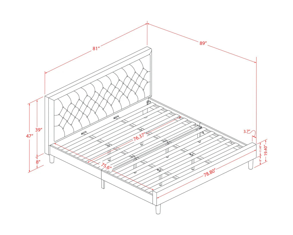 Platform King Bed Frame Wood - Brown Linen Fabric Upholestered Bed Headboard with Button Tufted Trim Design - Black Legs