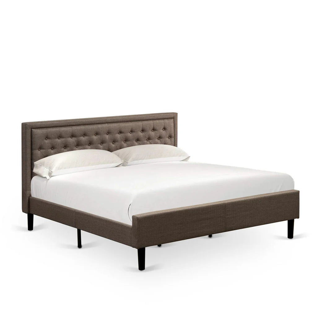 Platform King Bed Frame Wood - Brown Linen Fabric Upholestered Bed Headboard with Button Tufted Trim Design - Black Legs