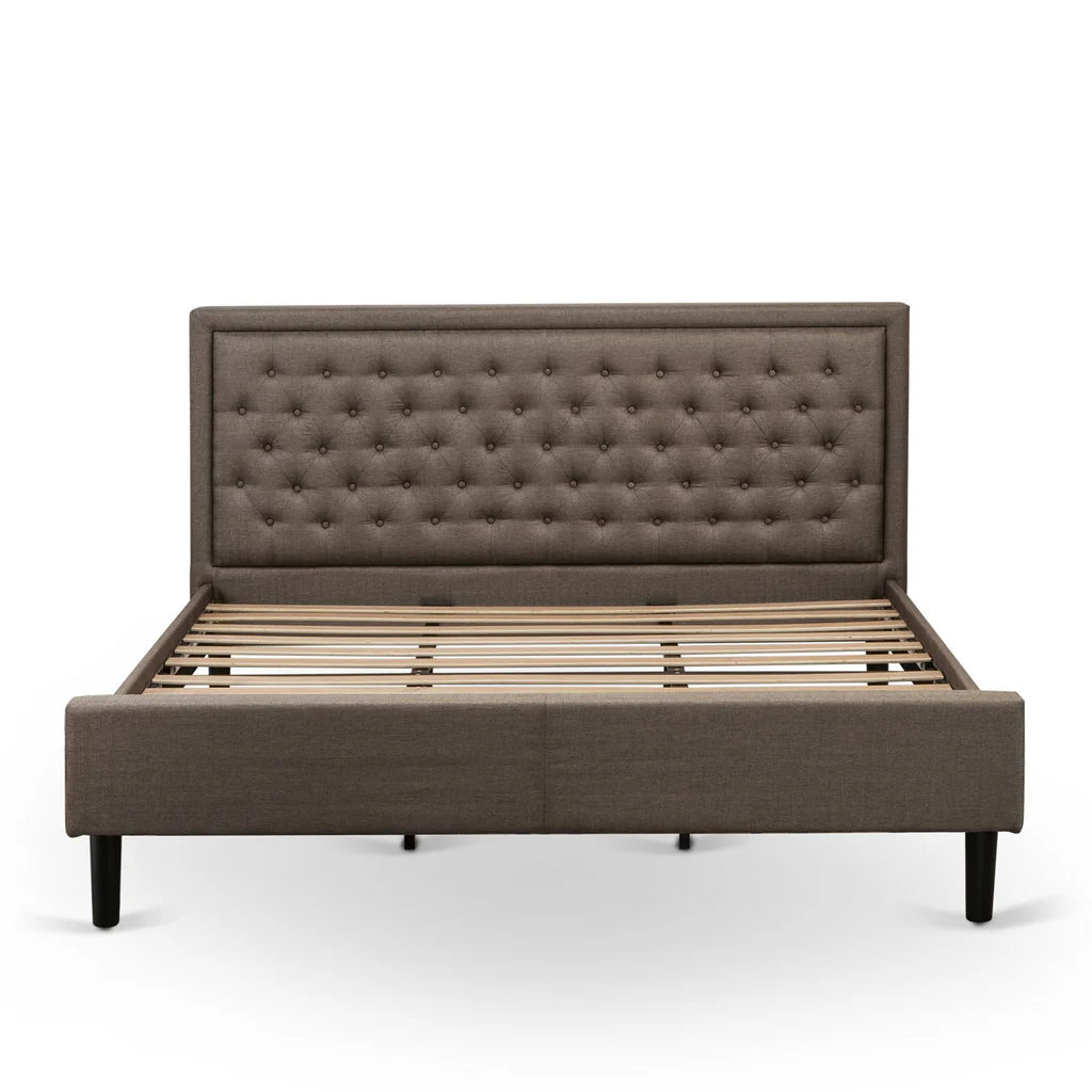 Platform King Bed Frame Wood - Brown Linen Fabric Upholestered Bed Headboard with Button Tufted Trim Design - Black Legs