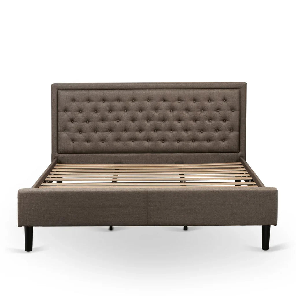 Amalie Platform Collection King Brown Linen Fabric Upholstered Platform Bed  Button Tufted Headboard with Black Legs