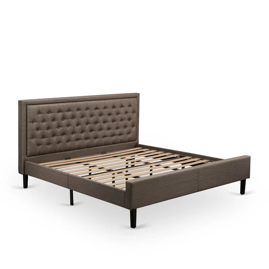 Platform King Bed Frame Wood - Brown Linen Fabric Upholestered Bed Headboard with Button Tufted Trim Design - Black Legs