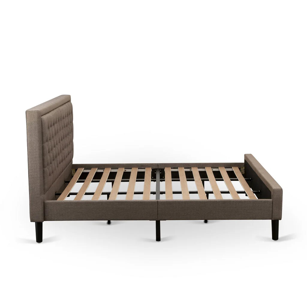 Platform King Bed Frame Wood - Brown Linen Fabric Upholestered Bed Headboard with Button Tufted Trim Design - Black Legs