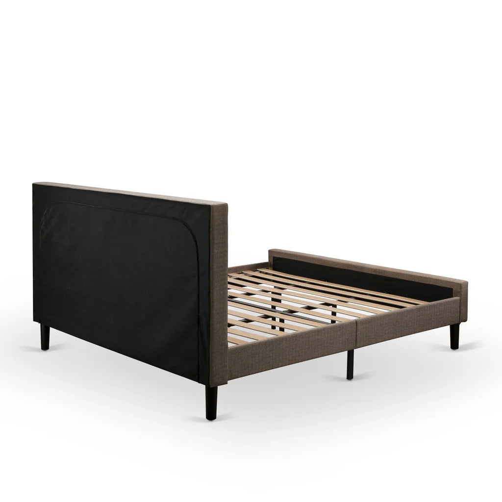 Platform King Bed Frame Wood - Brown Linen Fabric Upholestered Bed Headboard with Button Tufted Trim Design - Black Legs