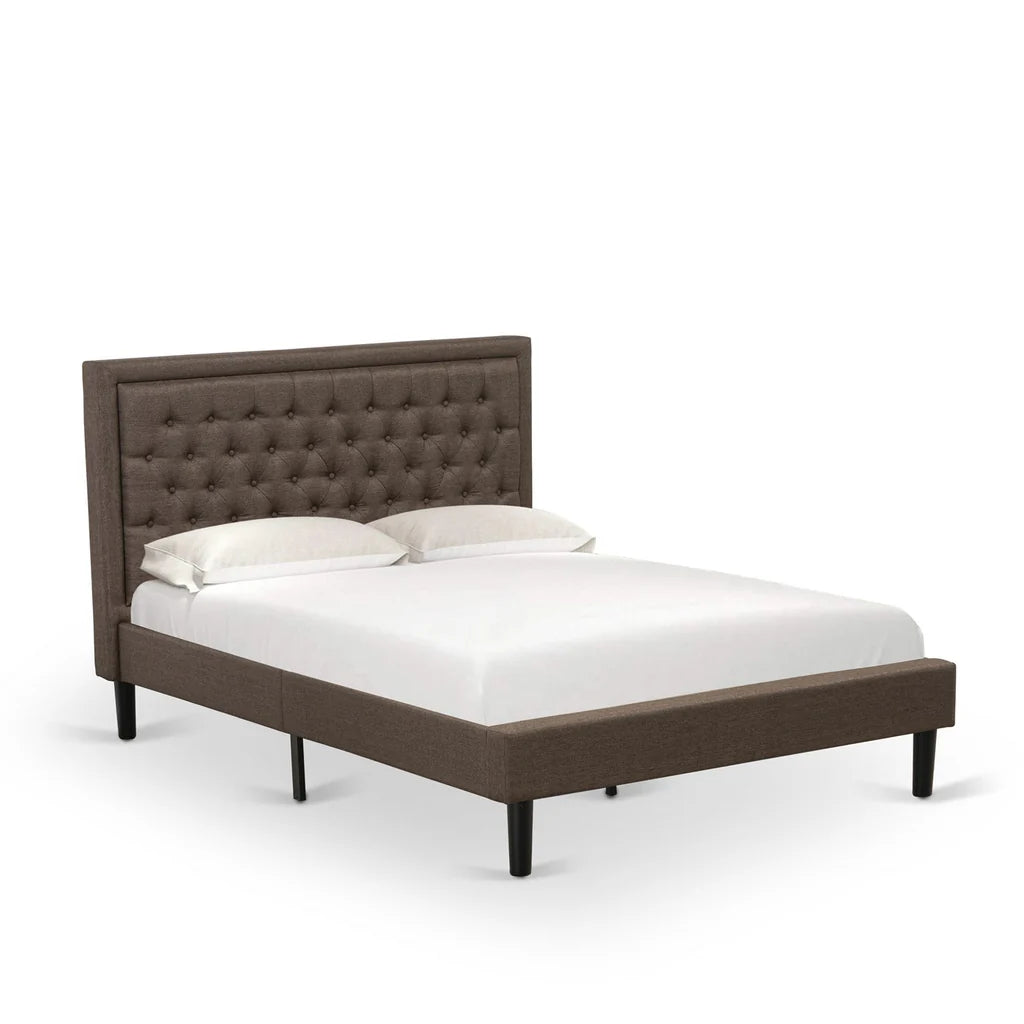 Platform Queen Bed Frame - Brown Linen Fabric Upholestered Bed Headboard with Button Tufted Trim Design - Black Legs