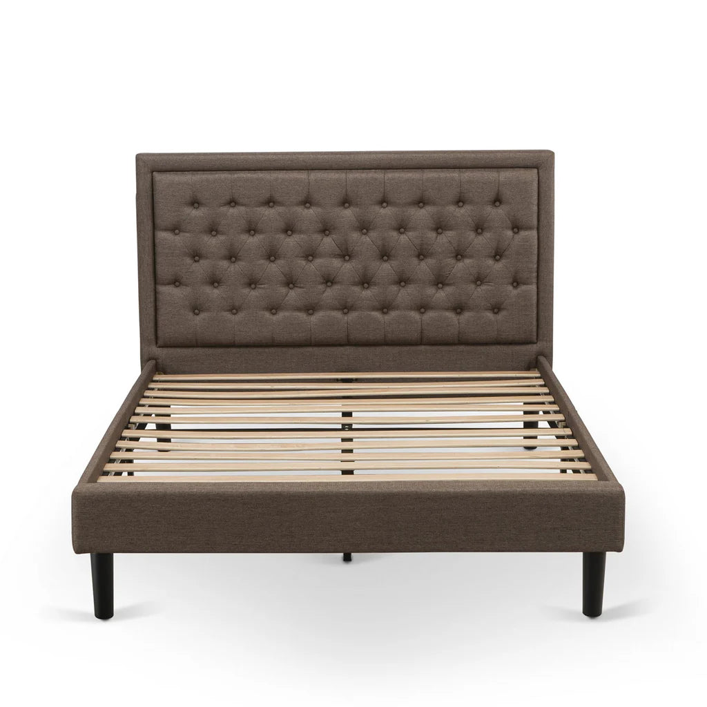 Platform Queen Bed Frame - Brown Linen Fabric Upholestered Bed Headboard with Button Tufted Trim Design - Black Legs