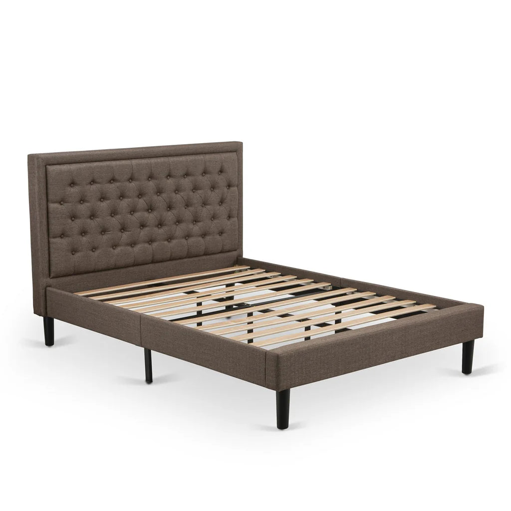 Platform Queen Bed Frame - Brown Linen Fabric Upholestered Bed Headboard with Button Tufted Trim Design - Black Legs