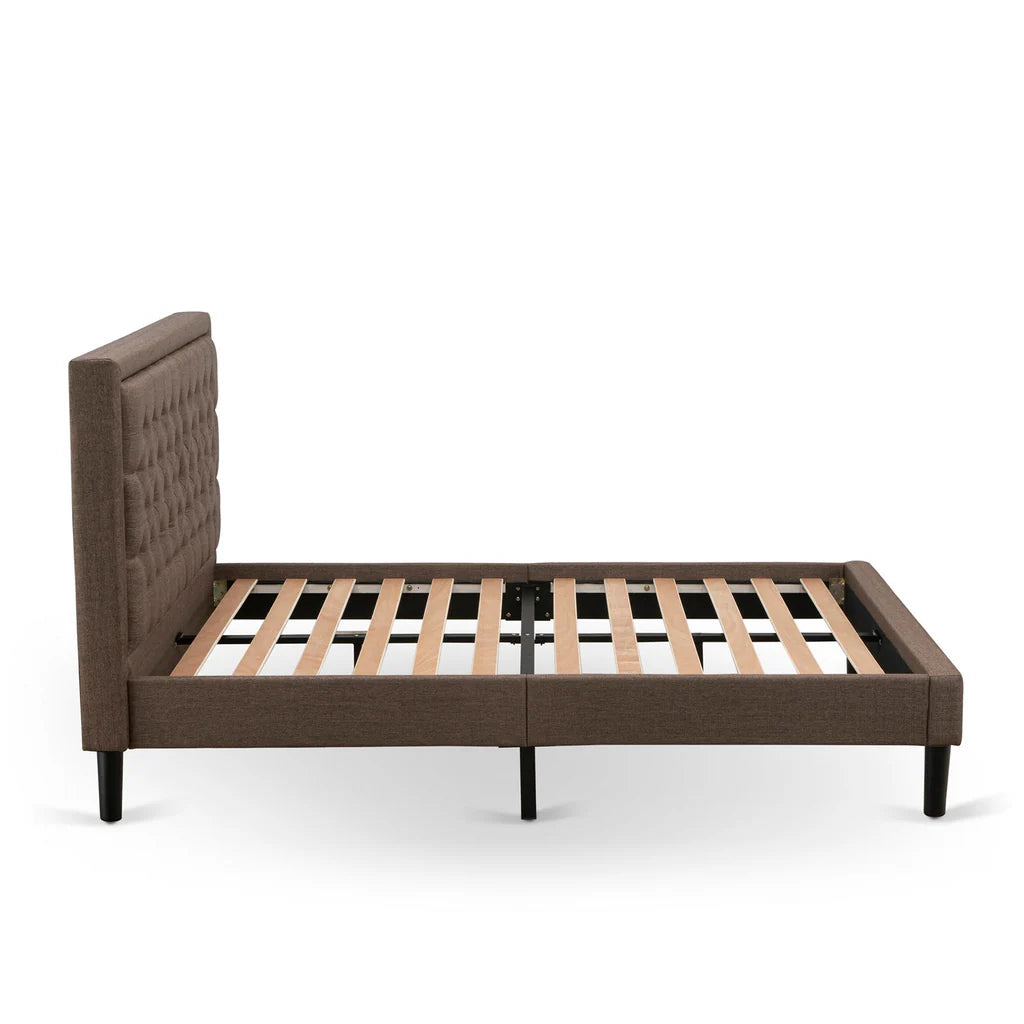 Platform Queen Bed Frame - Brown Linen Fabric Upholestered Bed Headboard with Button Tufted Trim Design - Black Legs