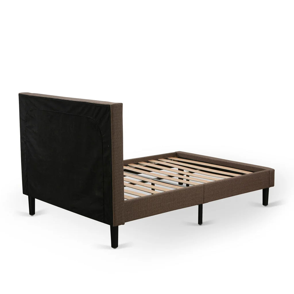 Platform Queen Bed Frame - Brown Linen Fabric Upholestered Bed Headboard with Button Tufted Trim Design - Black Legs