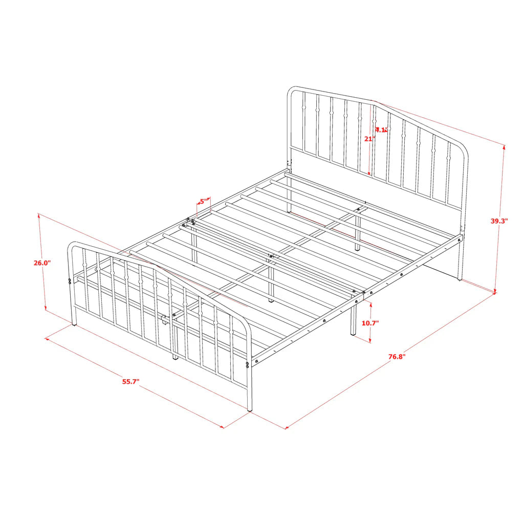 Kemah Full Bed Frame with 3 Supporting Metal Legs - Deluxe Bed in Powder Coating White Color