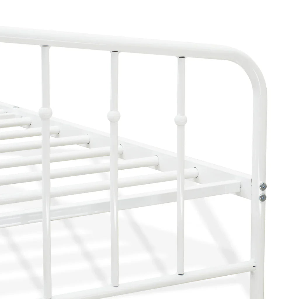 Toru Kemah Full Size White Powder-Coated Metal Bed  Sleek Frame with Extra Support