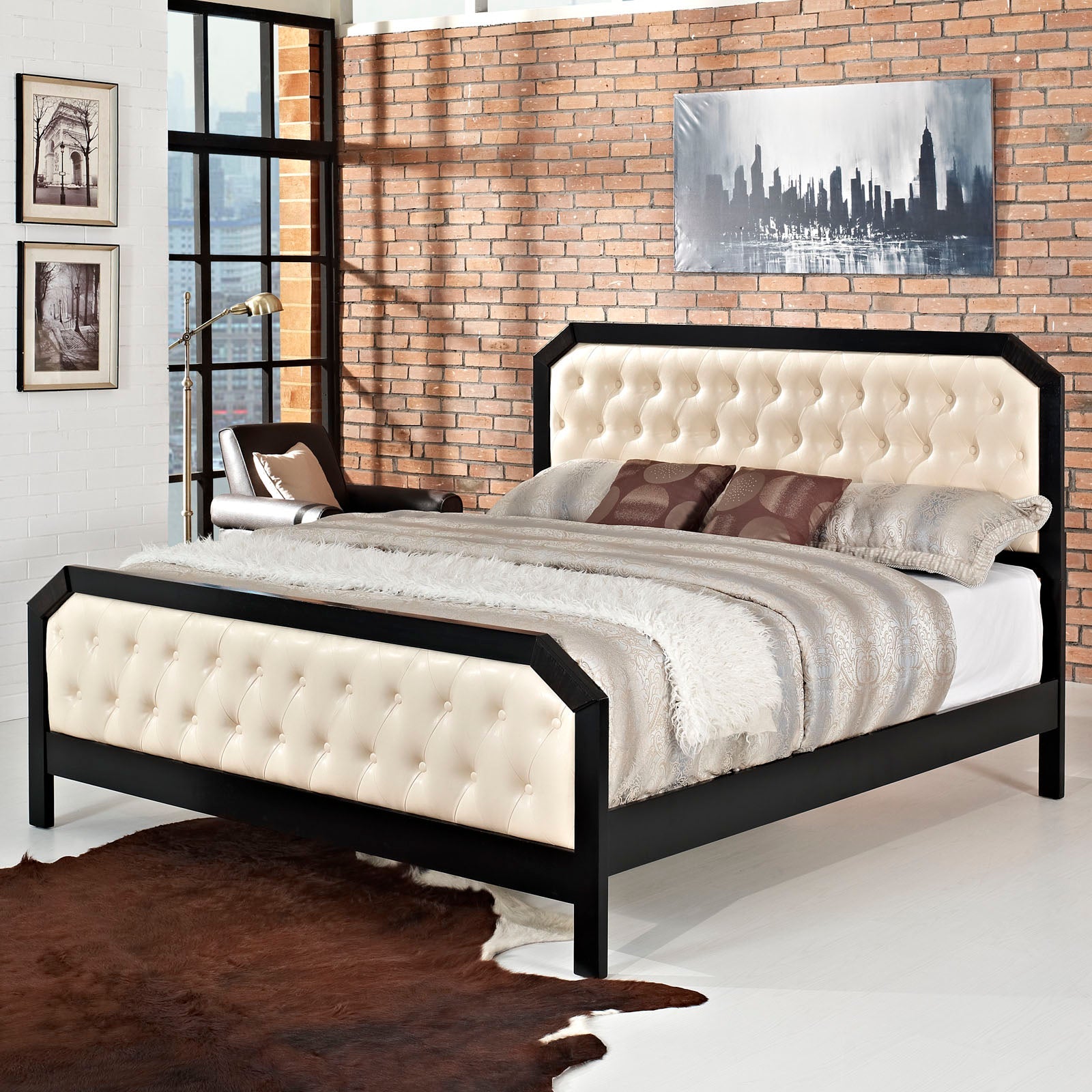 Attune Queen Size Platform Bed Frame – Charcoal Veneer with Padded Headboard