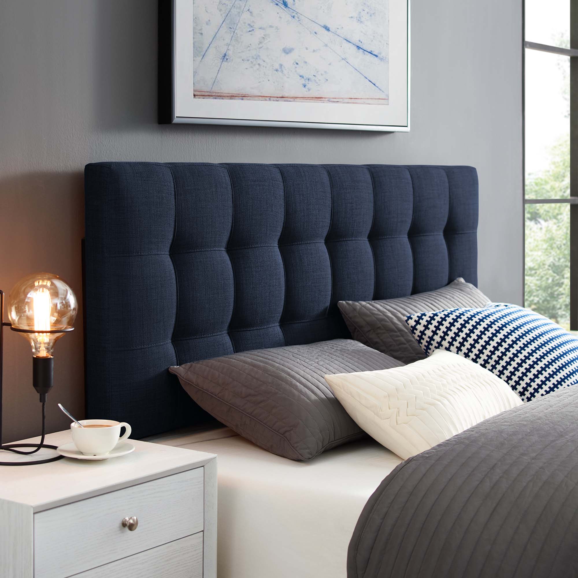 Lily Upholstered Fabric Queen Headboard, Navy
