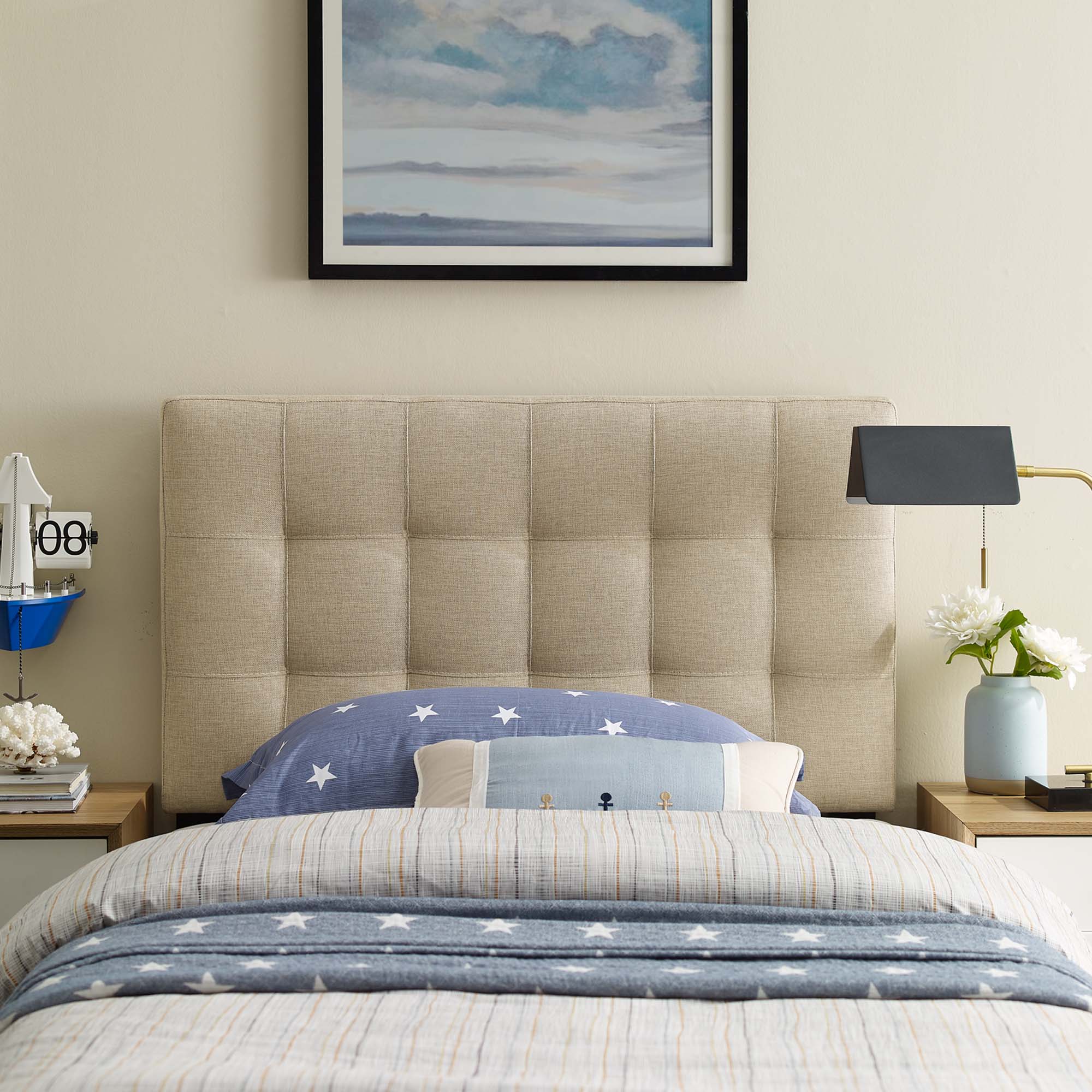 Lily Upholstered Fabric Twin Headboard, Beige