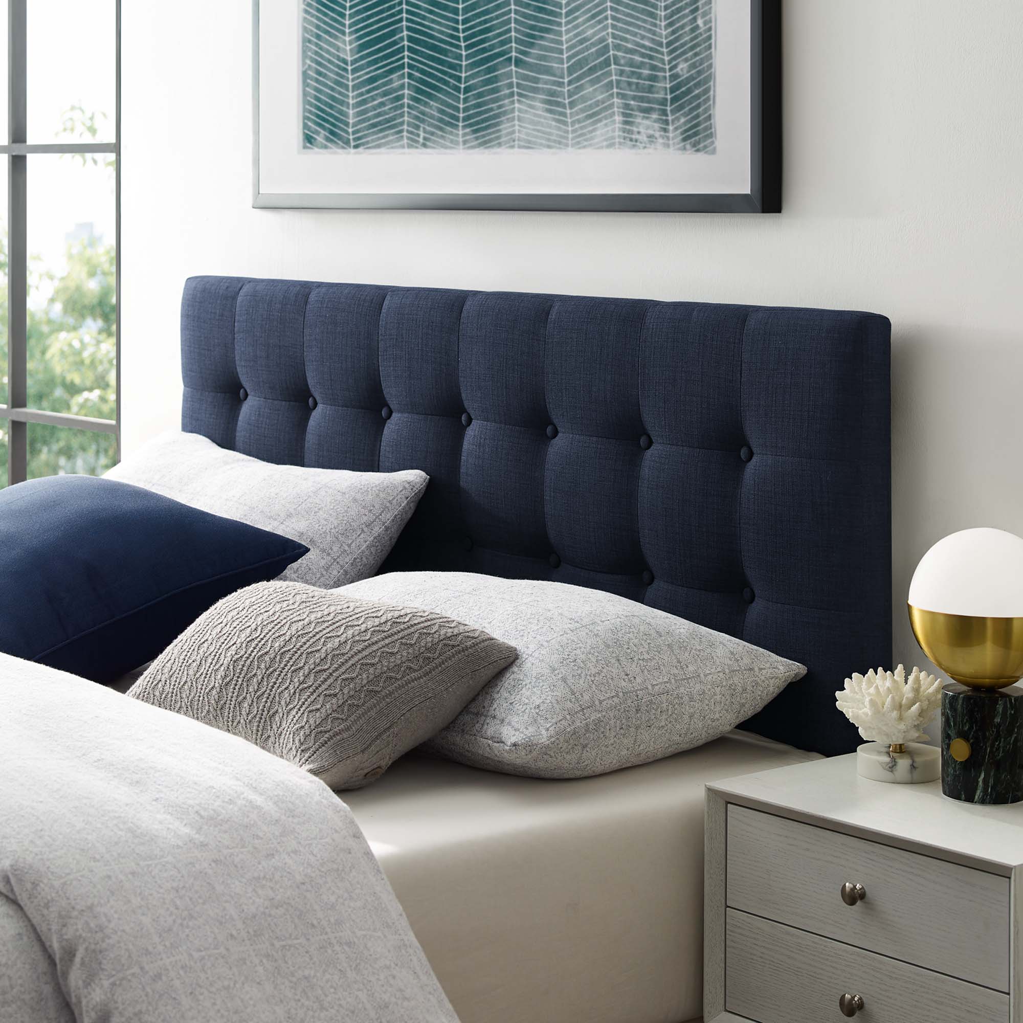 Emily Upholstered Fabric Queen Headboard, Navy