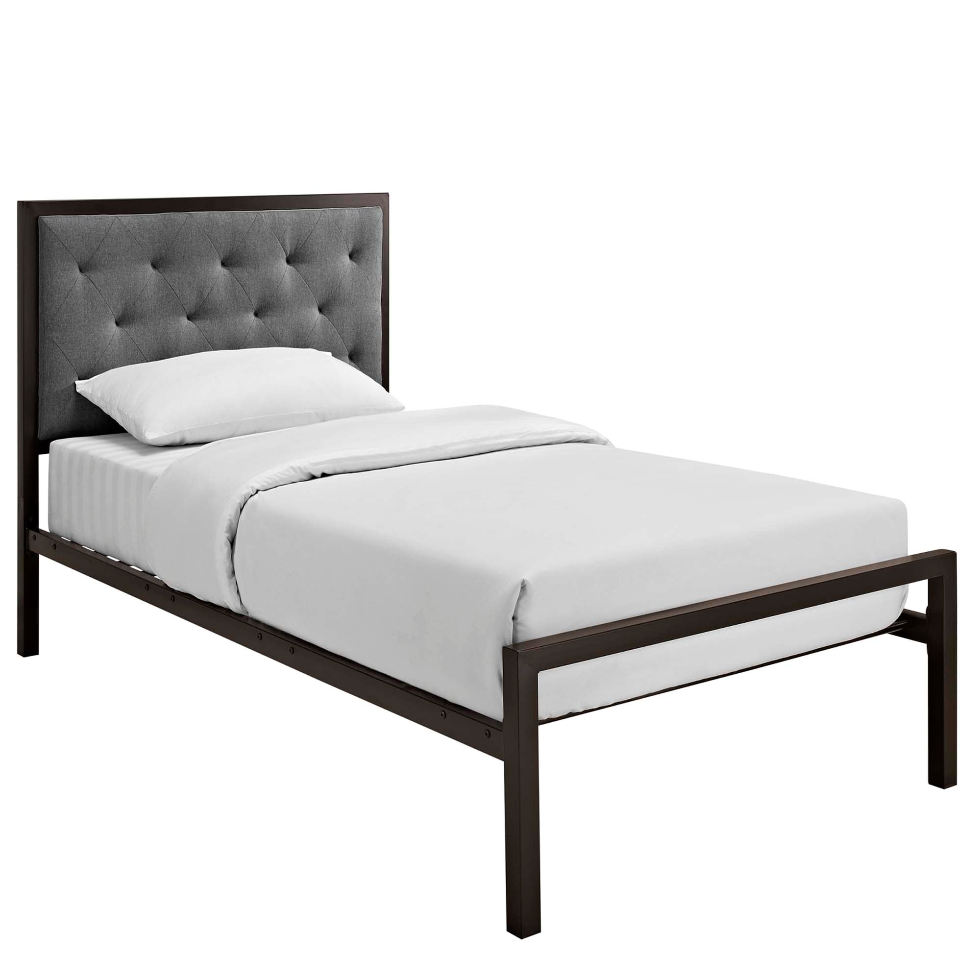 Daven Twin Brown Grey Fabric Platform Bed  Tufted Button Headboard Steel Frame Construction