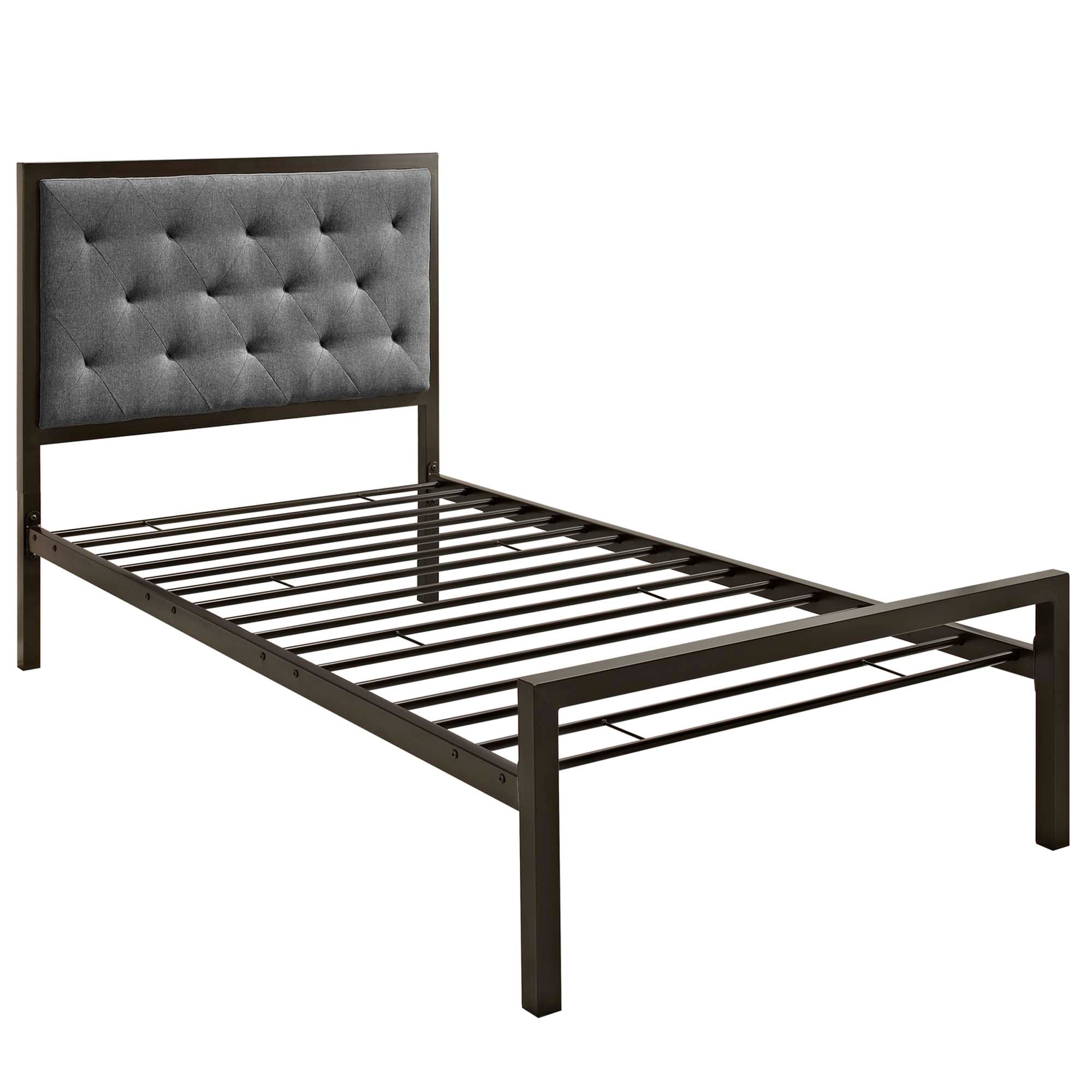 Daven Twin Brown Grey Fabric Platform Bed  Tufted Button Headboard Steel Frame Construction