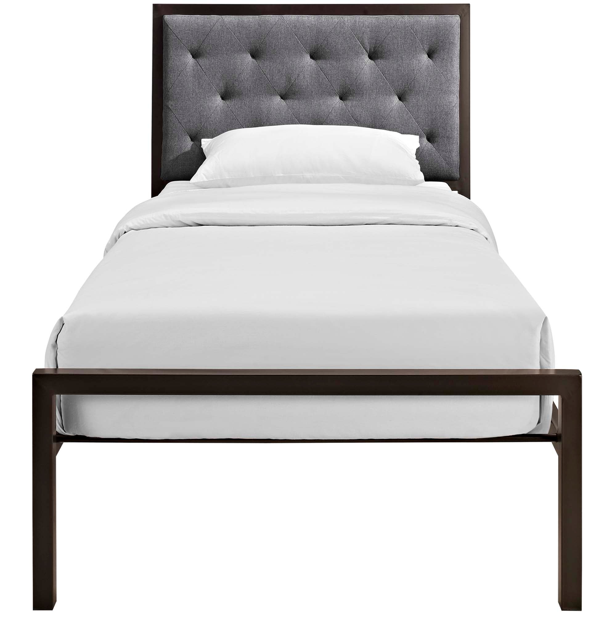 Daven Twin Brown Grey Fabric Platform Bed  Tufted Button Headboard Steel Frame Construction