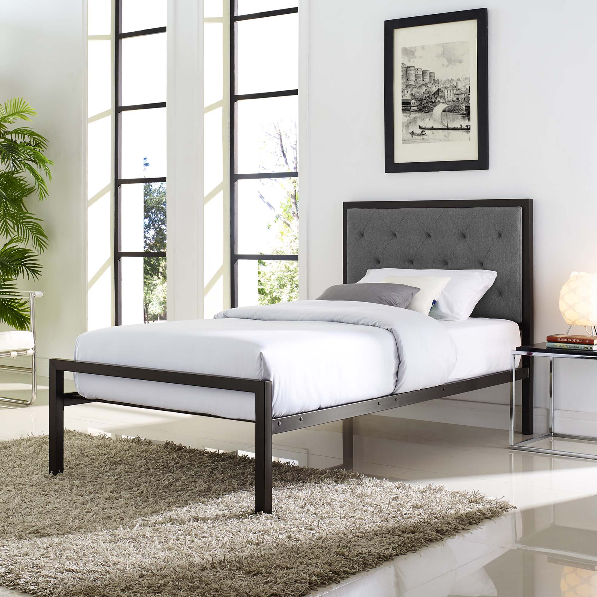 Daven Twin Brown Grey Fabric Platform Bed  Tufted Button Headboard Steel Frame Construction