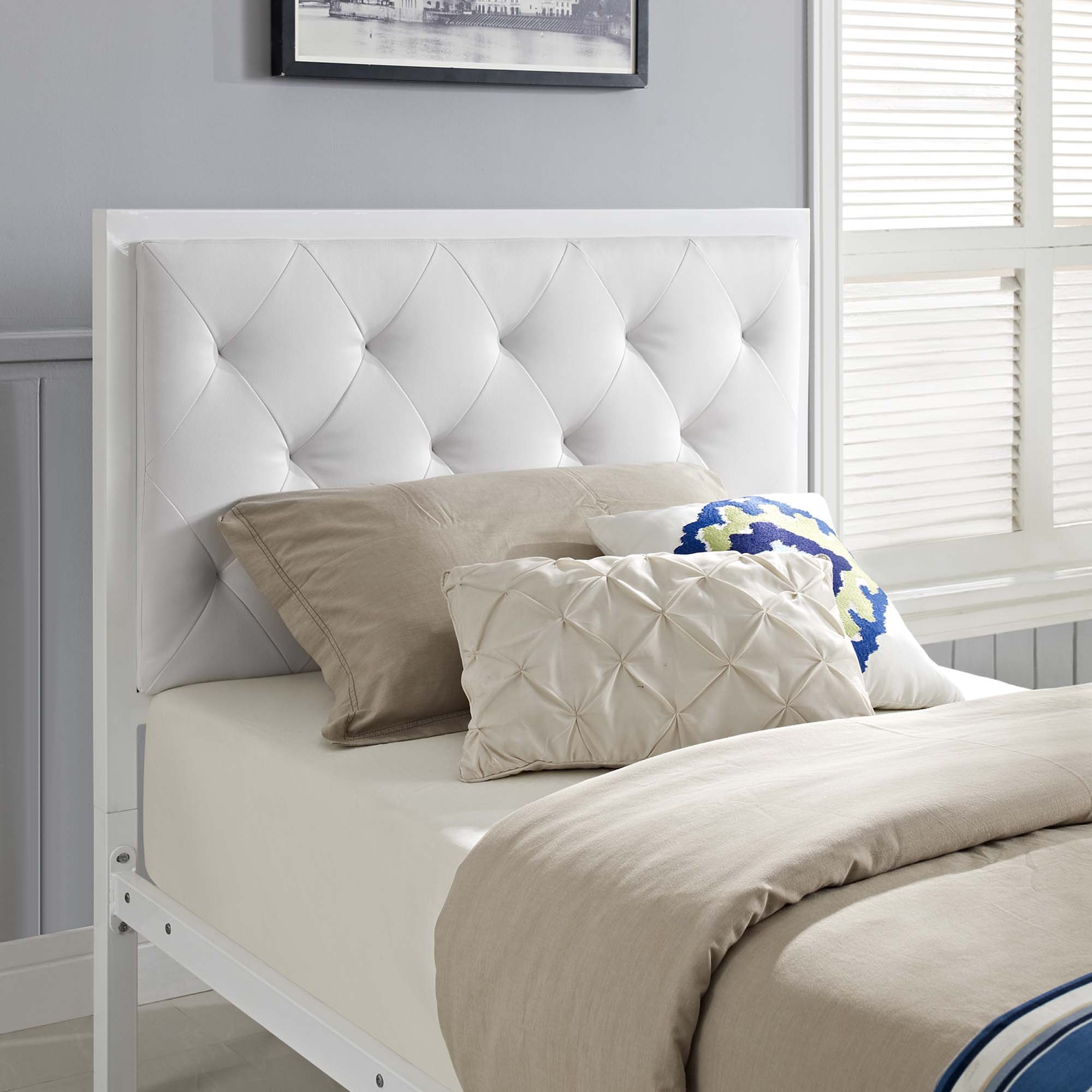 Vivi Modern Twin White Vinyl Bed Frame  Platform Style with Tufted Headboard