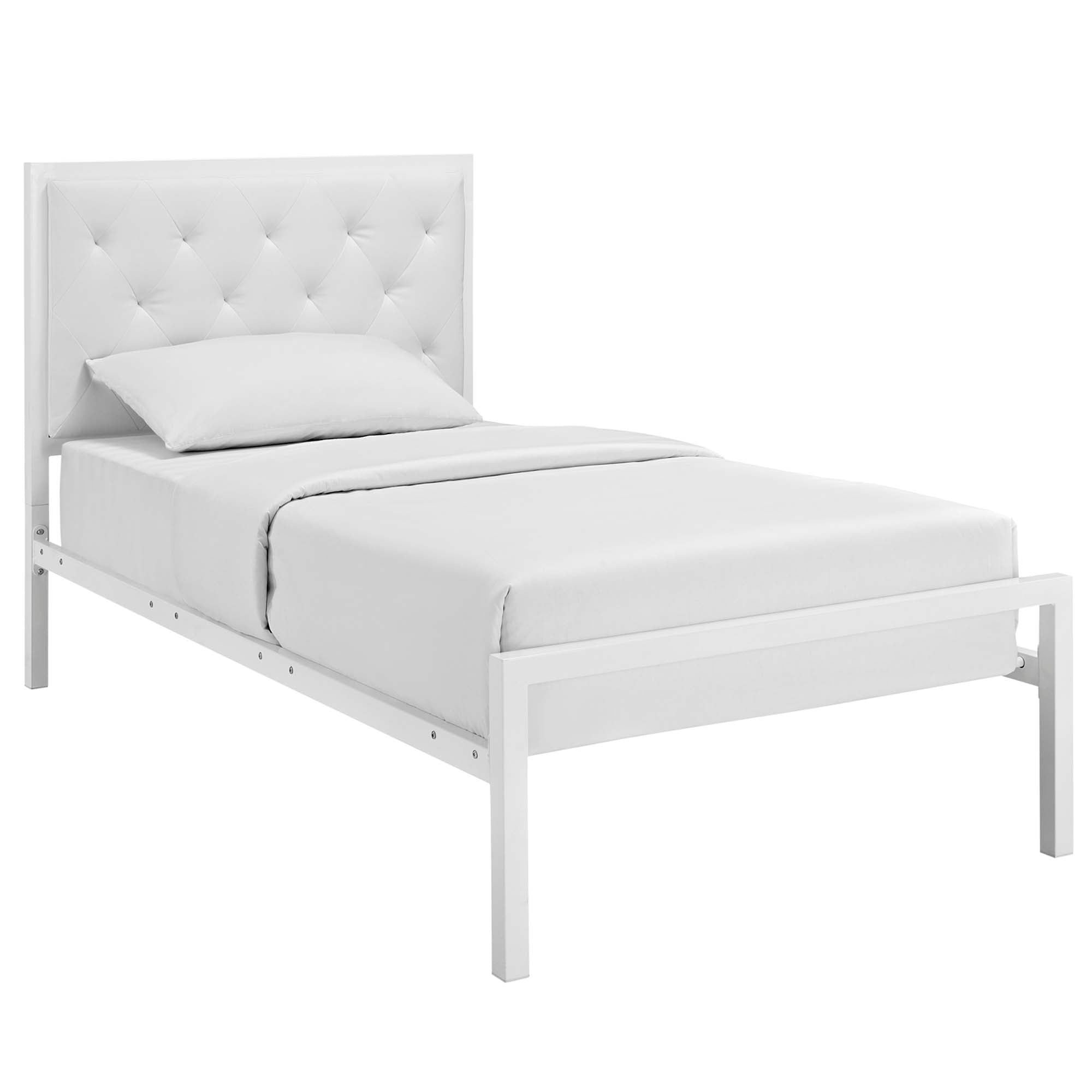 Vivi Modern Twin White Vinyl Bed Frame  Platform Style with Tufted Headboard