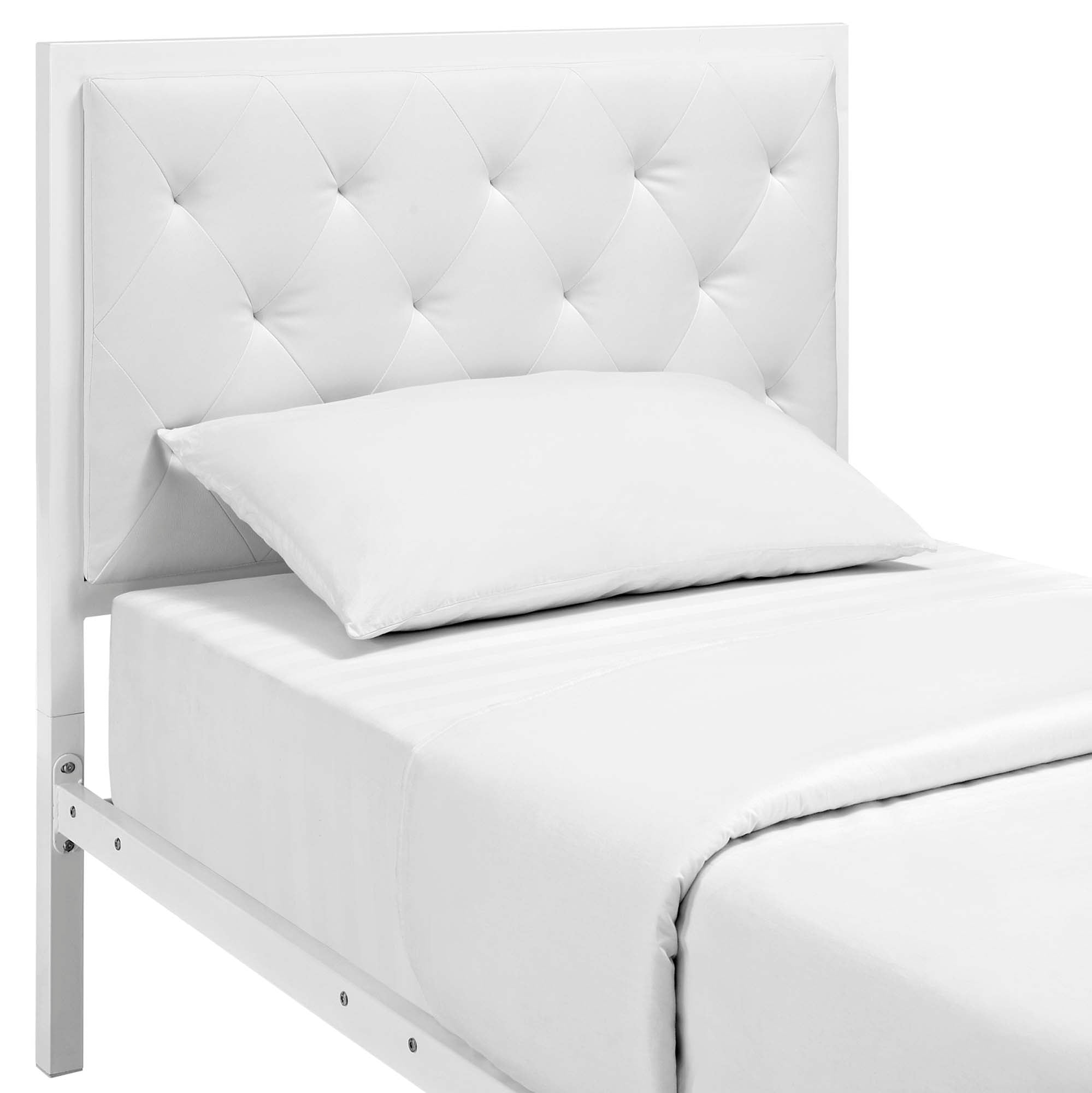 Vivi Modern Twin White Vinyl Bed Frame  Platform Style with Tufted Headboard