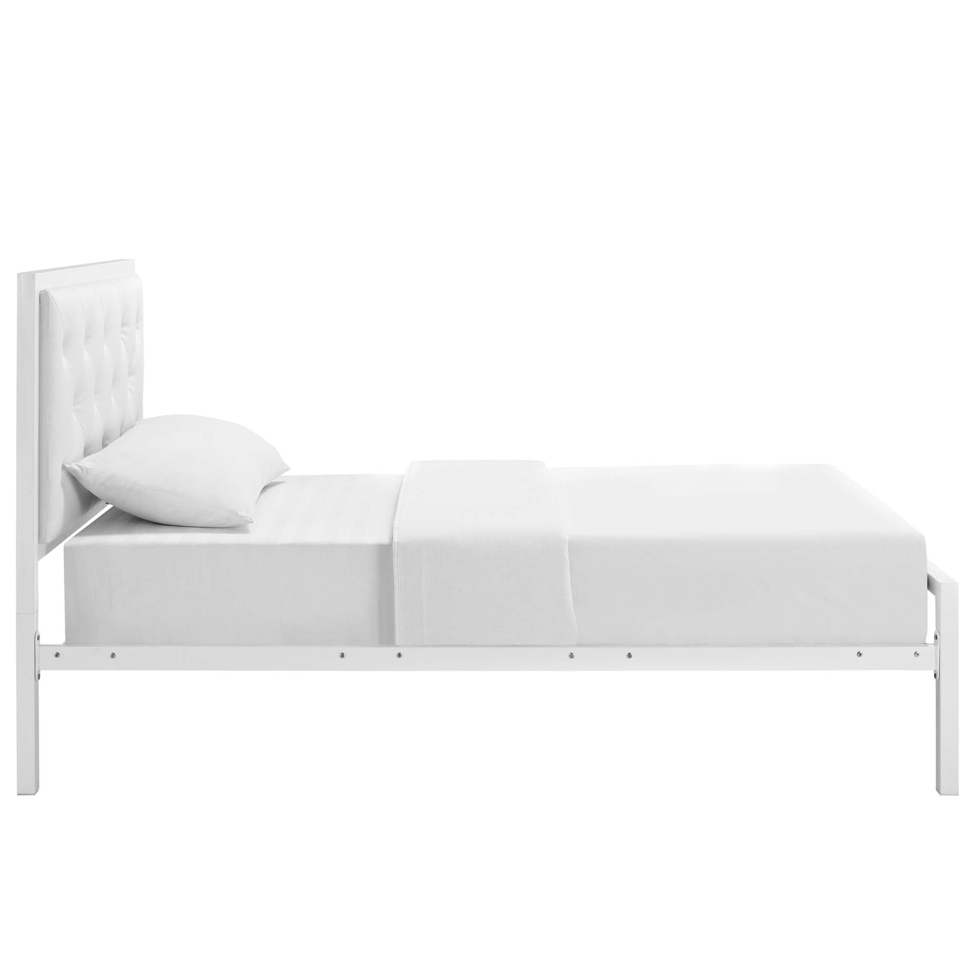 Vivi Modern Twin White Vinyl Bed Frame  Platform Style with Tufted Headboard