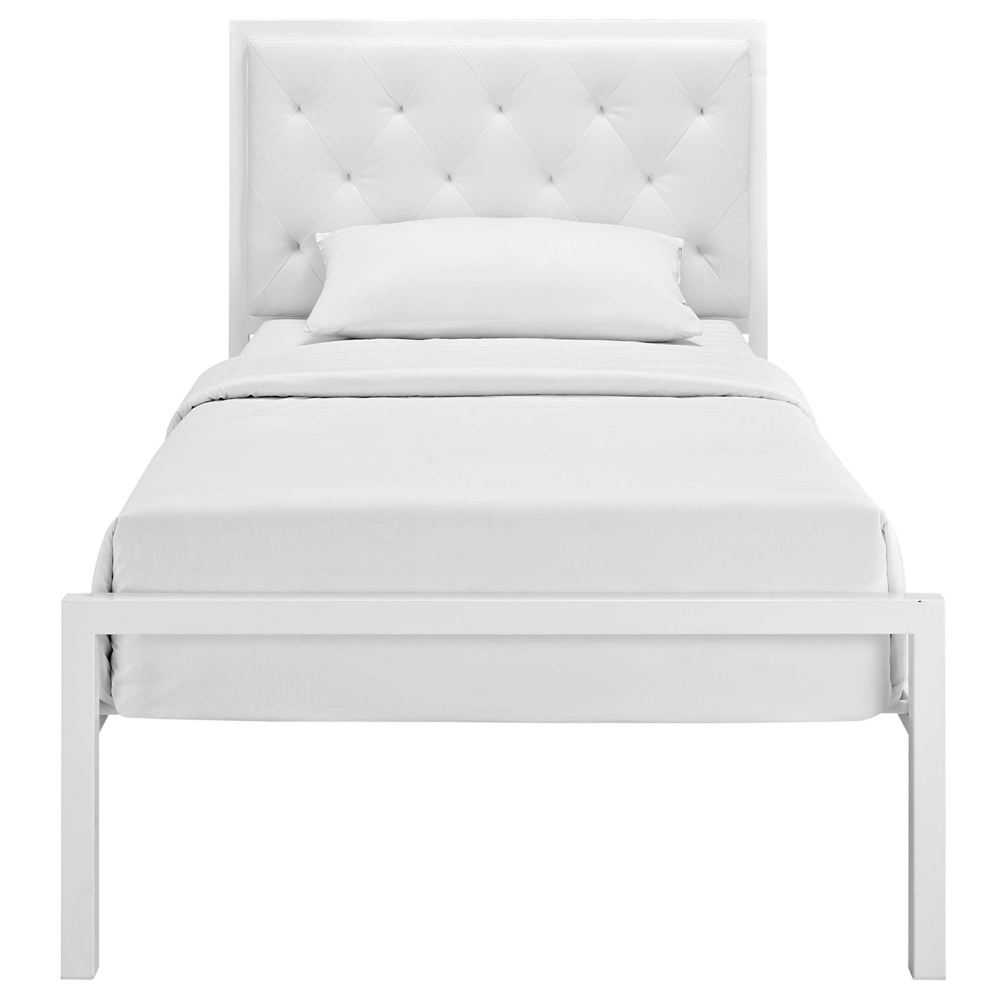 Vivi Modern Twin White Vinyl Bed Frame  Platform Style with Tufted Headboard