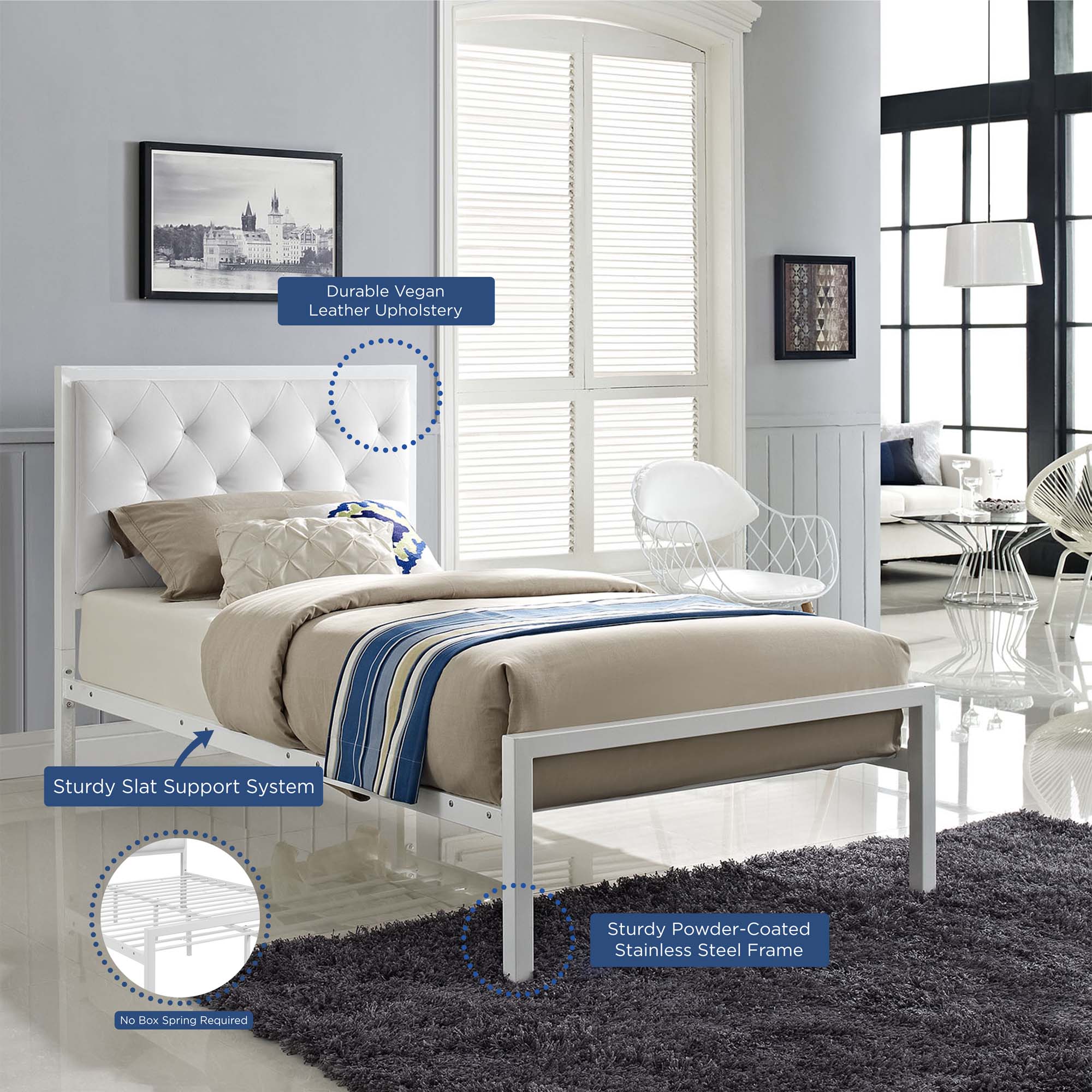Vivi Modern Twin White Vinyl Bed Frame  Platform Style with Tufted Headboard