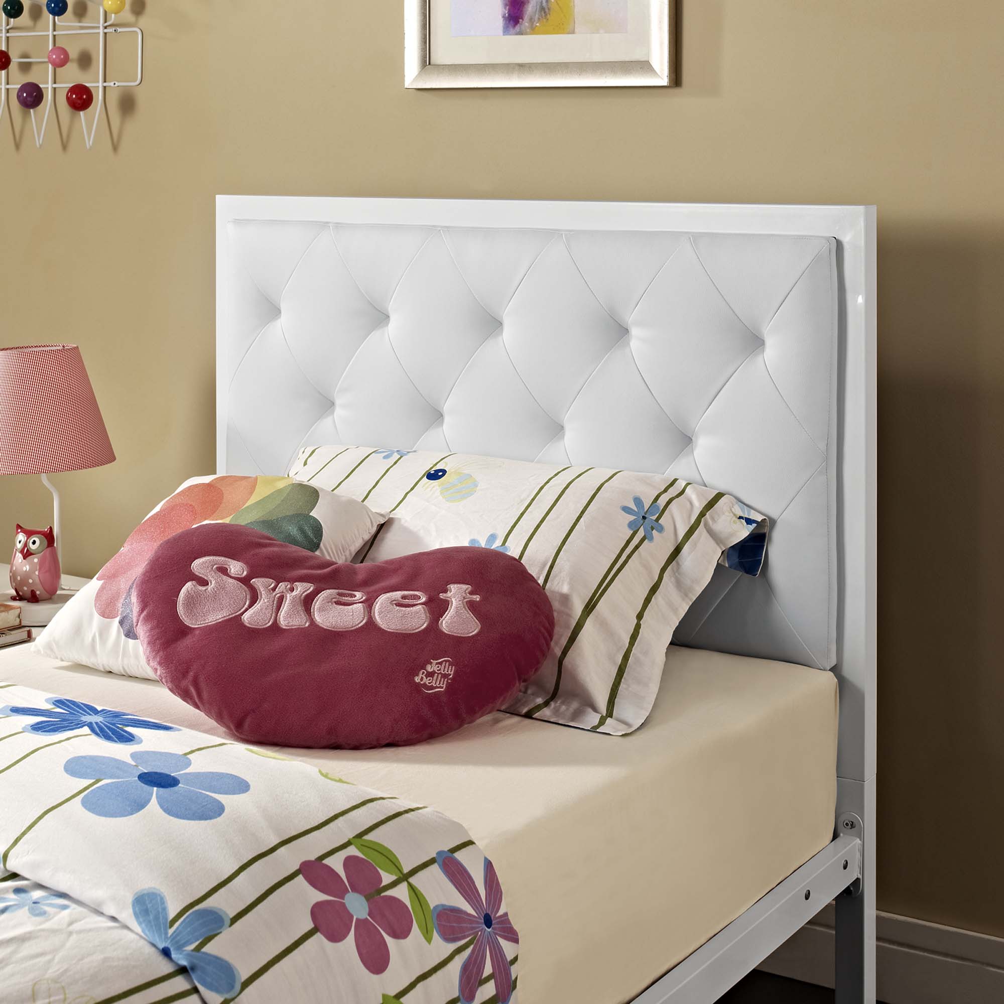 Vivi Modern Twin White Vinyl Bed Frame  Platform Style with Tufted Headboard