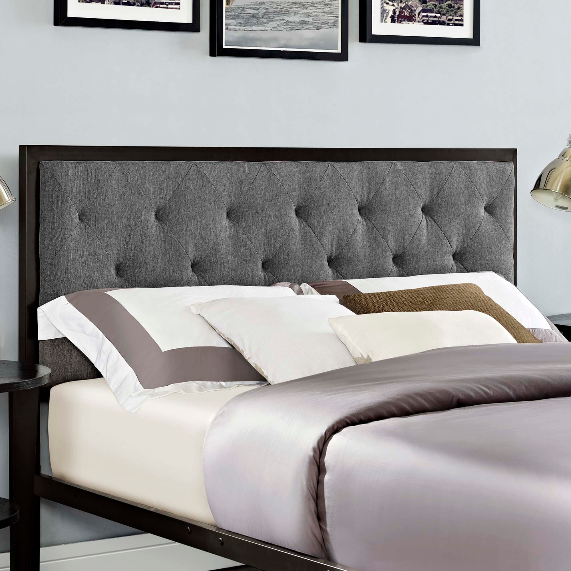 Halwyn Queen Polyester Fabric Platform Bed  Brown Grey Upholstered