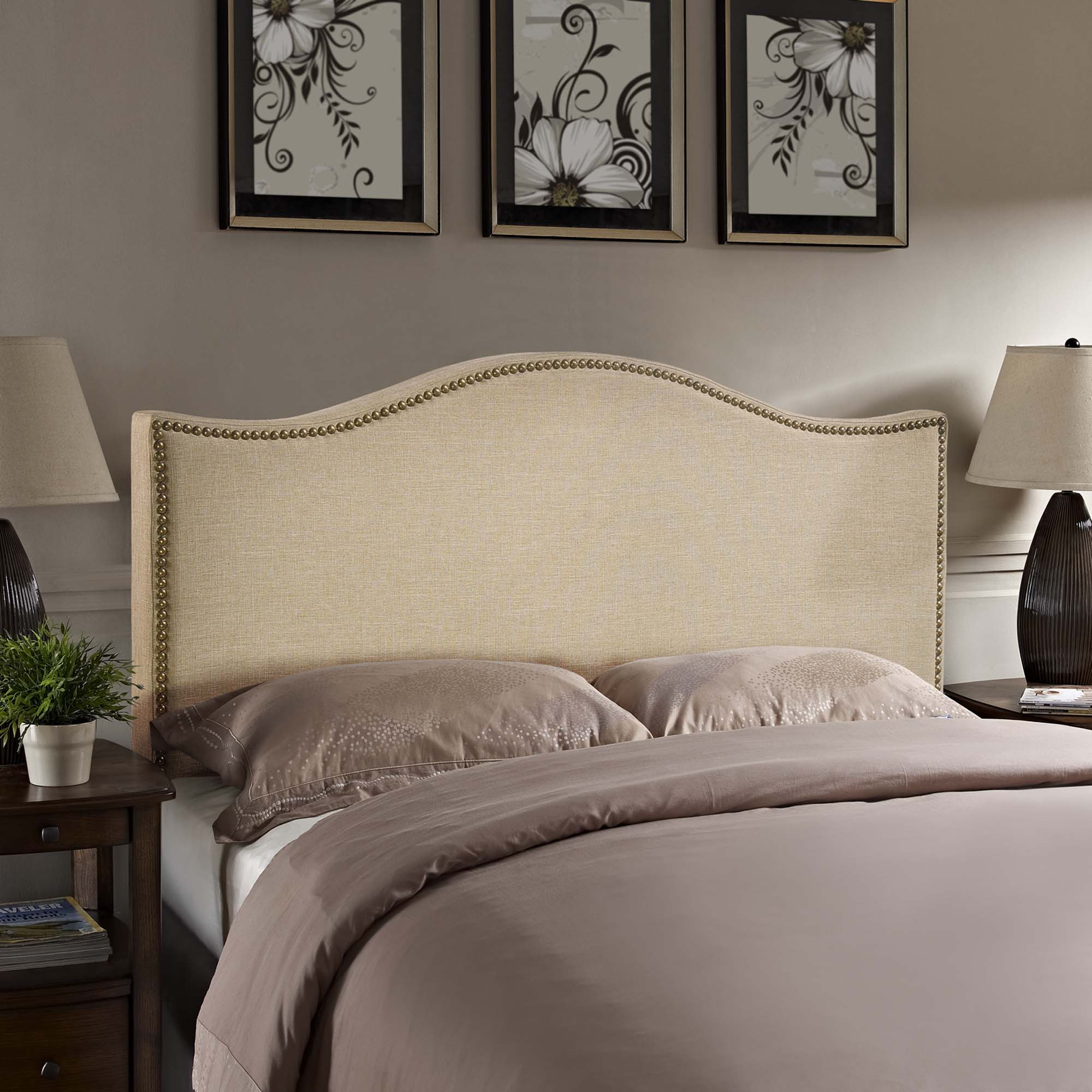 Curl Nailhead Upholstered Queen Headboard, Cafe